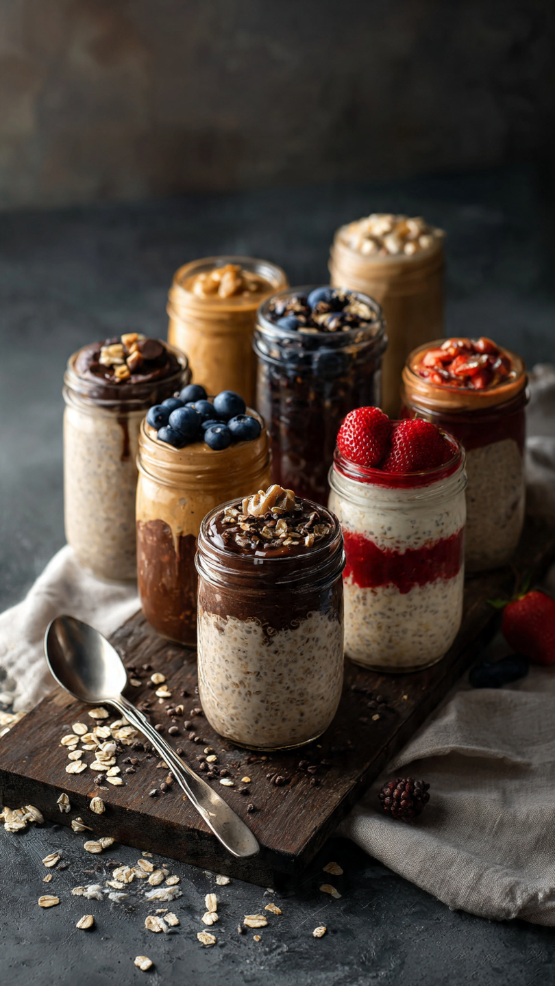 12 overnight oats meal prep jars with fruit toppings